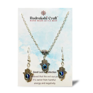 Hamsa Hand Evil Eye Locket Necklace Blue Turkish Bead Necklace Chain with Earrings Set
